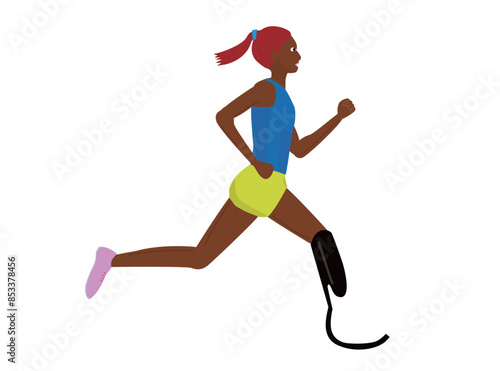 義足を使って走っているパラ陸上の女性アスリートのイラストです。