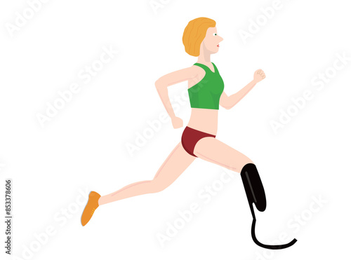 義足を使って走っているパラ陸上の女性アスリートのイラストです。