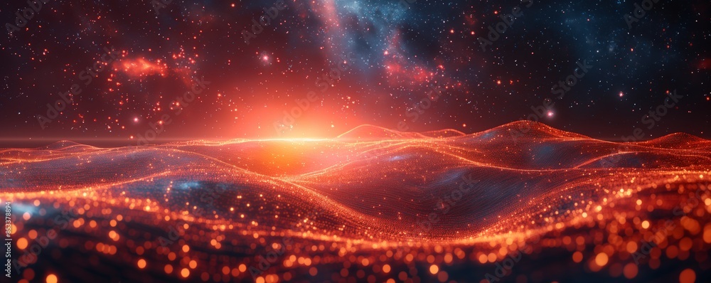 Obraz premium Digital representation of glowing waves under a cosmic starry sky depicting data flow and space