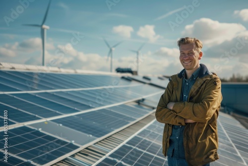 Renewable energy opportunities smiling man standing in front of solar panels and wind turbines under blue sky © SHOTPRIME STUDIO
