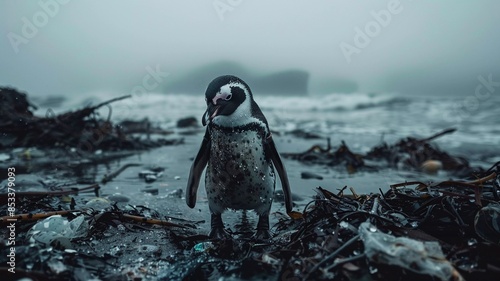 A penguin stands amidst beach pollution, surrounded by plastic waste and debris, highlighting the impact of pollution on wildlife.
