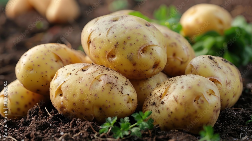 A bunch of potatoes are sitting on the ground. They are all different sizes and have a few spots on them A bunch of potatoes are sitting on the ground. They are all different sizes and have a few spots on them