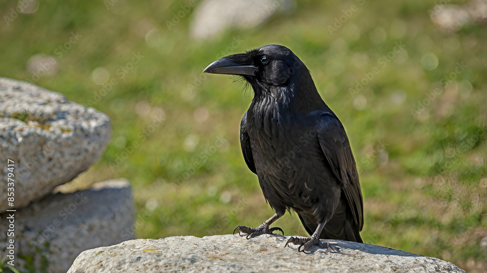 Black bird raven with open beak sitting on the stone landscape green grass background GENERATE AI, Black bird raven with open beak sitting on the stone landscape green grass background GENERATE AI,