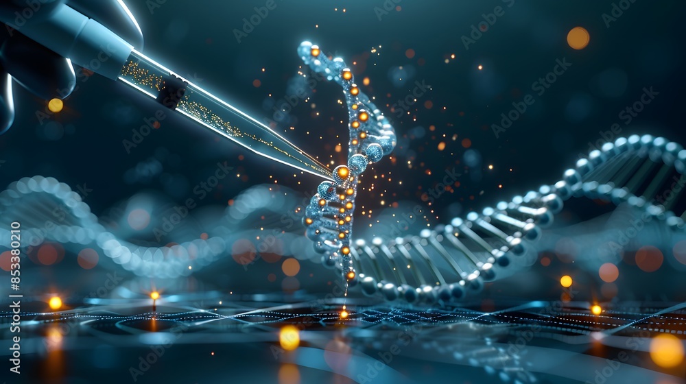 A close-up of DNA strands being edited with CRISPR technology, showcasing genetic engineering. List of Art Media: Photograph inspired by Spring magazine. A close-up of DNA strands being edited with CRISPR technology, showcasing genetic engineering. List of Art Media: Photograph inspired by Spring magazine.