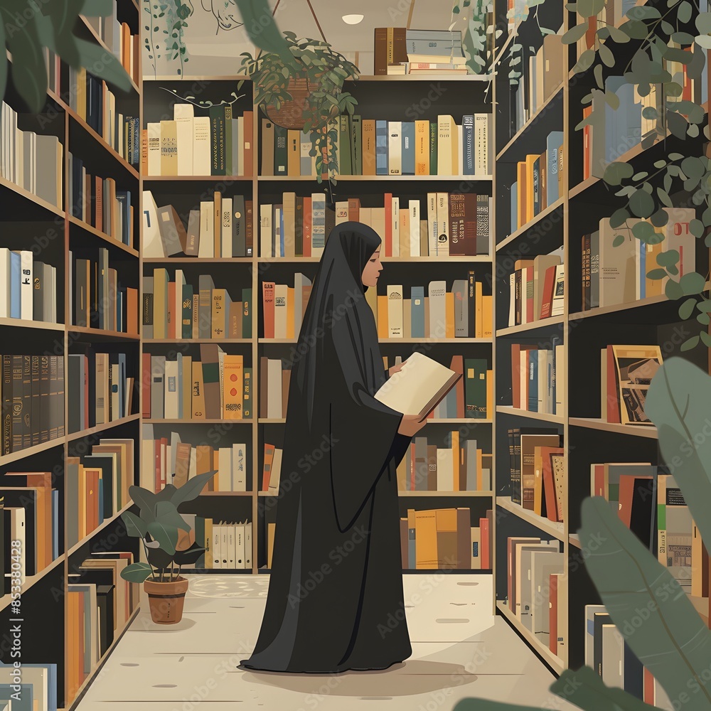 Woman in Hijab Reading in a Library Woman in Hijab Reading in a Library