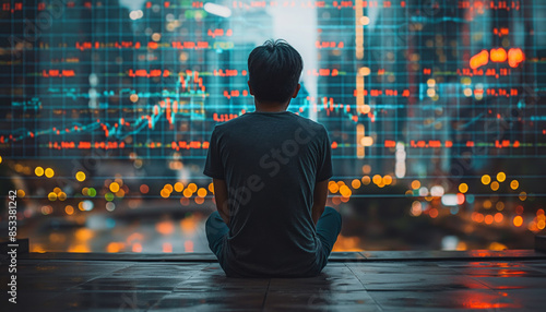 A serene figure meditates before a city nightscape, with blurred digital graphs representing stock market movement