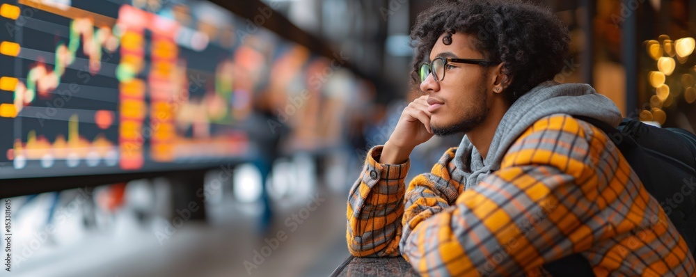 A thoughtful young man wearing glasses and a plaid jacket looks intently at large electronic stock market screens A thoughtful young man wearing glasses and a plaid jacket looks intently at large electronic stock market screens