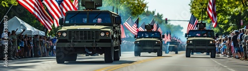 Military vehicles in Independence Day parade, American flags waving, uniformed personnel, respectful crowd, sunny day, telephoto shot, detailed and respectful, patriotic pride