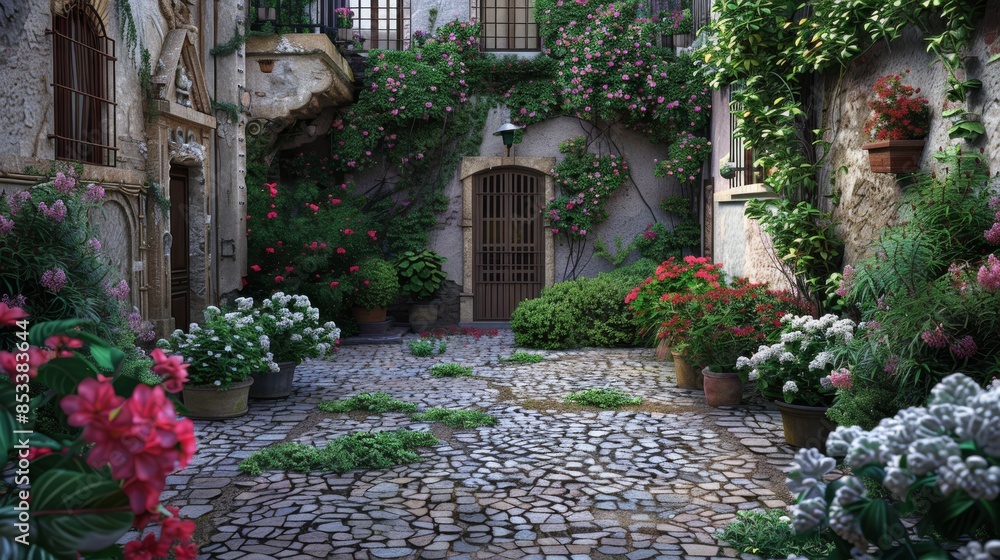 Naklejka premium Cobblestone Alley with Colorful Flowers