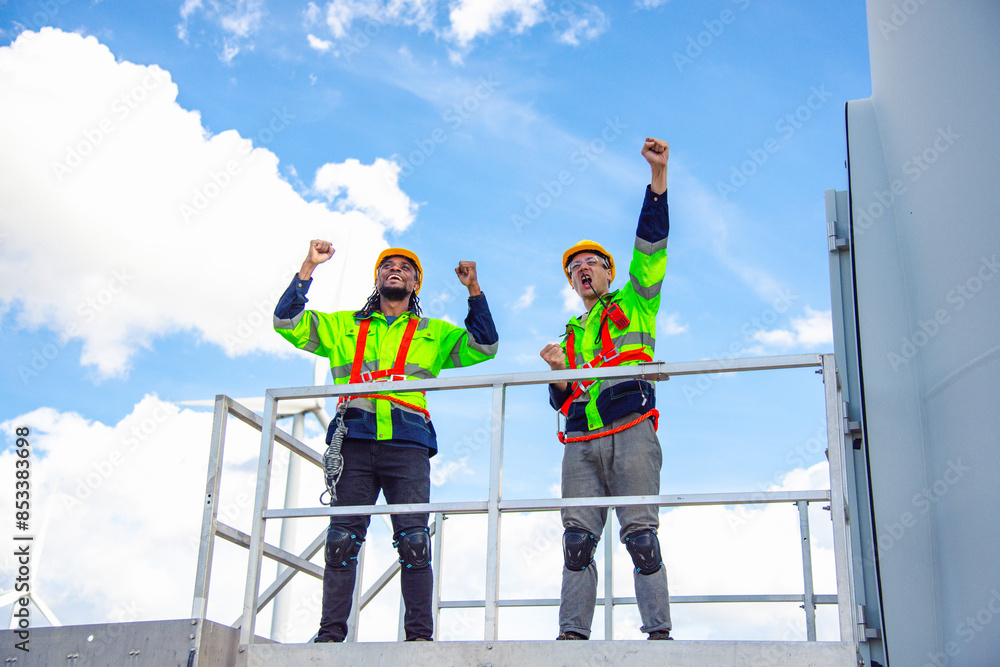 Wind turbine engineers expressed their happiness after performing inspections of wind turbines and maintenance of renewable energy generators as planned. Wind turbine engineers expressed their happiness after performing inspections of wind turbines and maintenance of renewable energy generators as planned.