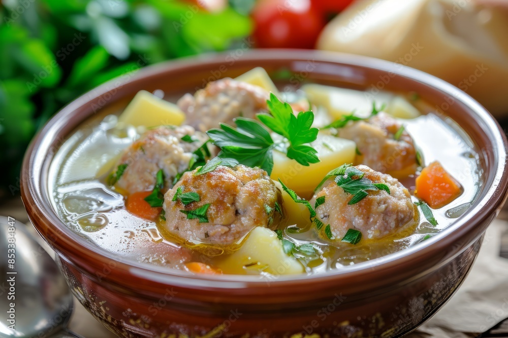 Soup with turkey meatballs, potatoes and vegetables. Selective focus Soup with turkey meatballs, potatoes and vegetables. Selective focus