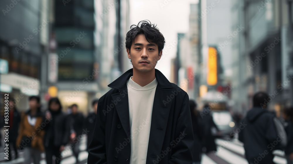 Trendy Japanese Man in Minimalist Monochrome Outfit Trendy Japanese Man in Minimalist Monochrome Outfit