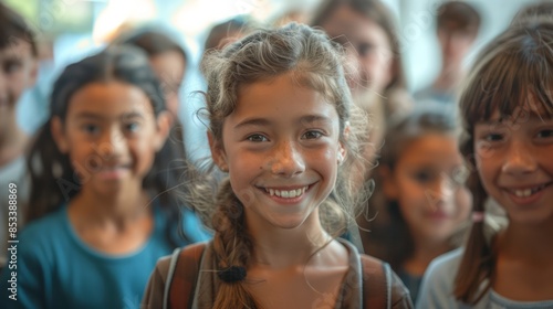 group of students warmly welcoming a new classmate to their group, smiling and inviting them to join in a lively and inclusive school environment