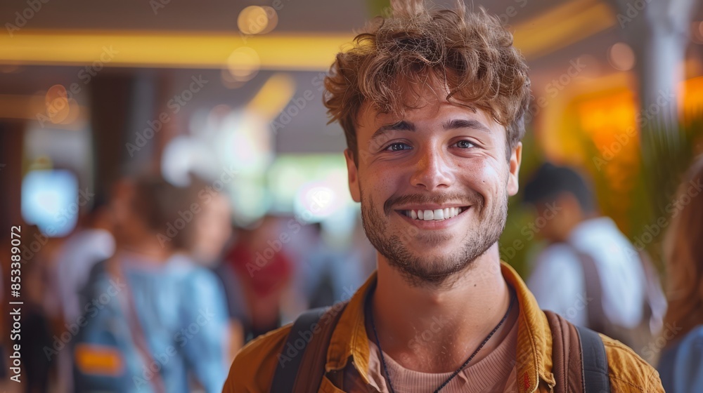 Obraz premium cheerful greeter standing at the entrance of a concert hall, warmly welcoming attendees with a big smile, creating an exciting and inviting atmosphere