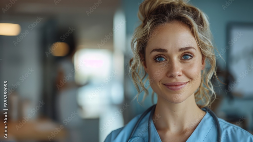 Fototapeta premium friendly nurse standing at the entrance of a clinic, warmly welcoming a new patient with a reassuring smile and a caring, inviting environment