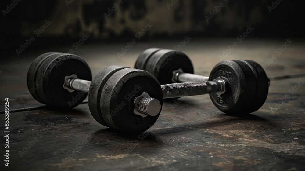 Dumbbells positioned on the floor against a dark