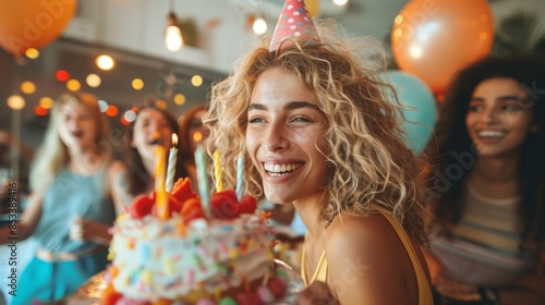 friends surprising a woman with a birthday cake and presents, in a brightly decorated room, with laughter and joy, reflecting a moment of celebration and friendship