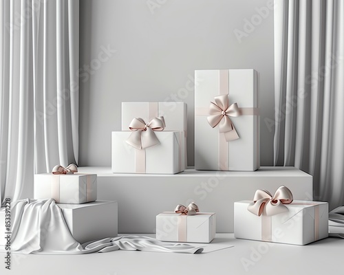 Elegant white boxes of multiple sizes on luxurious stand, white backdrop, feeling of luxury and refinement photo