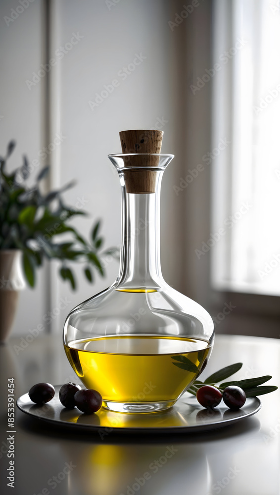 Decanter with natural olive oil, vertical image of first-pressed vegetable oil, advertising poster Decanter with natural olive oil, vertical image of first-pressed vegetable oil, advertising poster