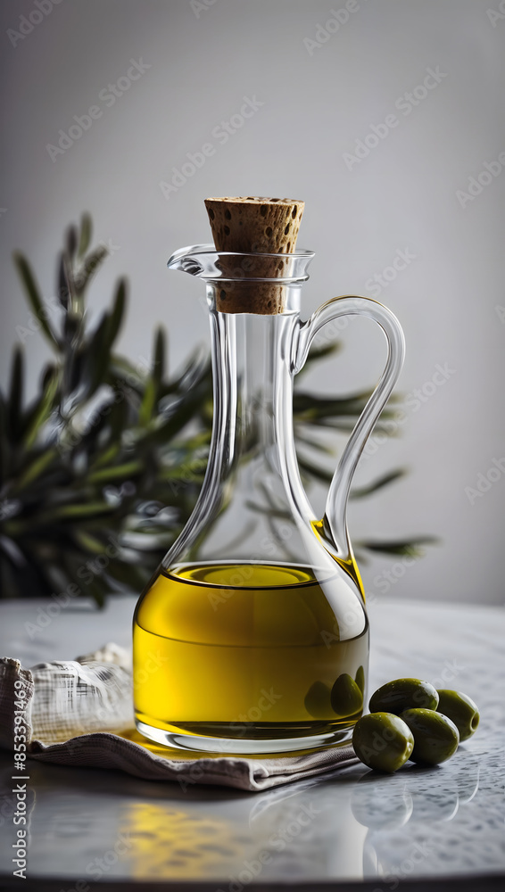 Decanter with natural olive oil, vertical image of first-pressed vegetable oil, advertising poster Decanter with natural olive oil, vertical image of first-pressed vegetable oil, advertising poster