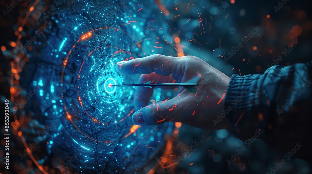Abstract Close-Up Hands Holding a Target with Bow Arrow in Technology Background Abstract Close-Up Hands Holding a Target with Bow Arrow in Technology Background