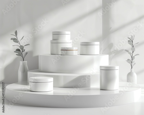White multisize packaging tins on luxurious display stand, white backdrop, exuding luxury and elegance photo