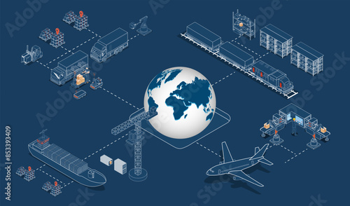 Global logistics network concept with Transportation operation service, Supply Chain Management and Warehouse Logistics. Vector illustration EPS 10