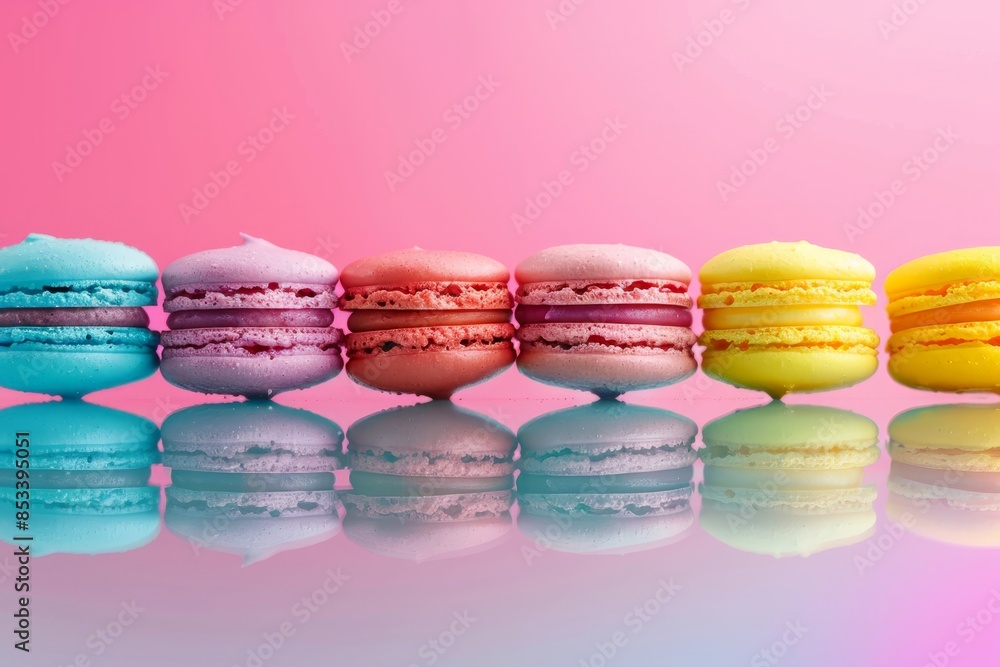 Vibrant Colorful Macarons on Glass Surface Vibrant Colorful Macarons on Glass Surface