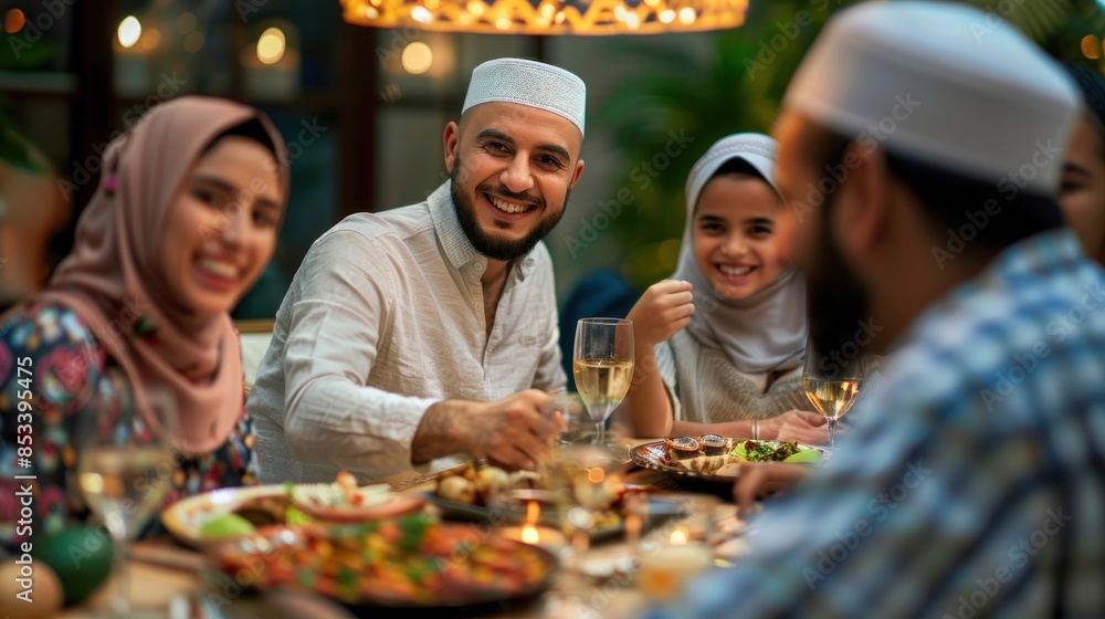 The Muslim family of five is having iftar dinner at home to break fast during Ramadan, and the people around the table are eating healthy food dates