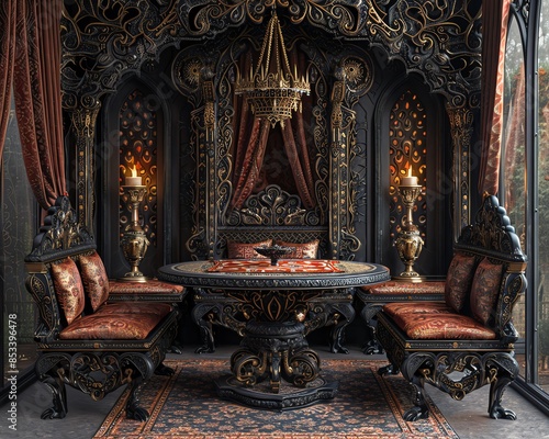 Realistic depiction of an Elvishinspired dining set, intricate design, for commercial purposes © Nattapat