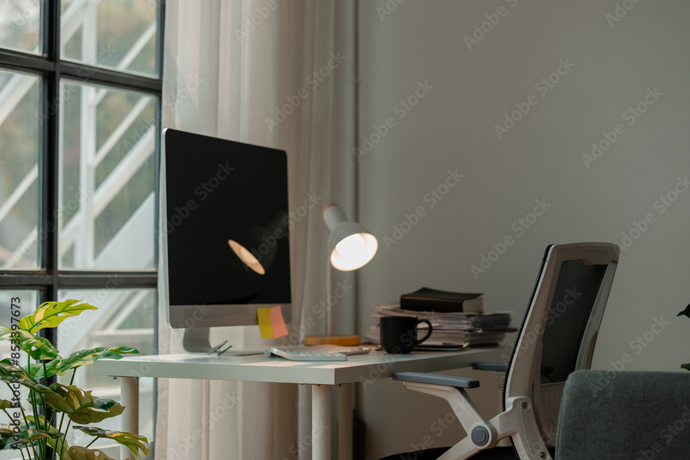 atmosphere inside office with desk, workplace with no people, computer monitor and some stack of document on the desk, empty room but office equipment mockup atmosphere inside office with desk, workplace with no people, computer monitor and some stack of document on the desk, empty room but office equipment mockup
