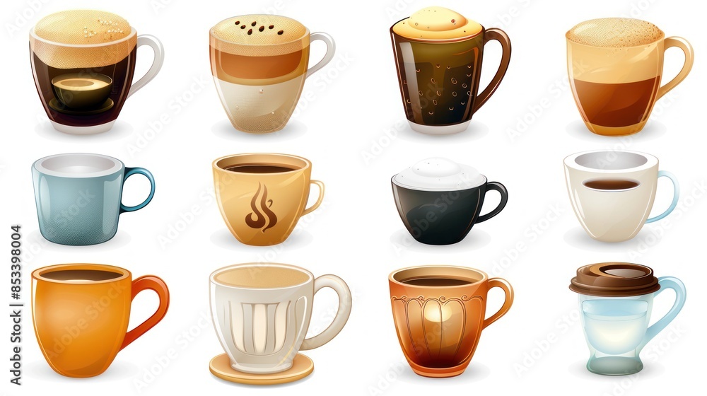 Assortment of Coffee and Latte Drinks in Various Cups Assortment of Coffee and Latte Drinks in Various Cups