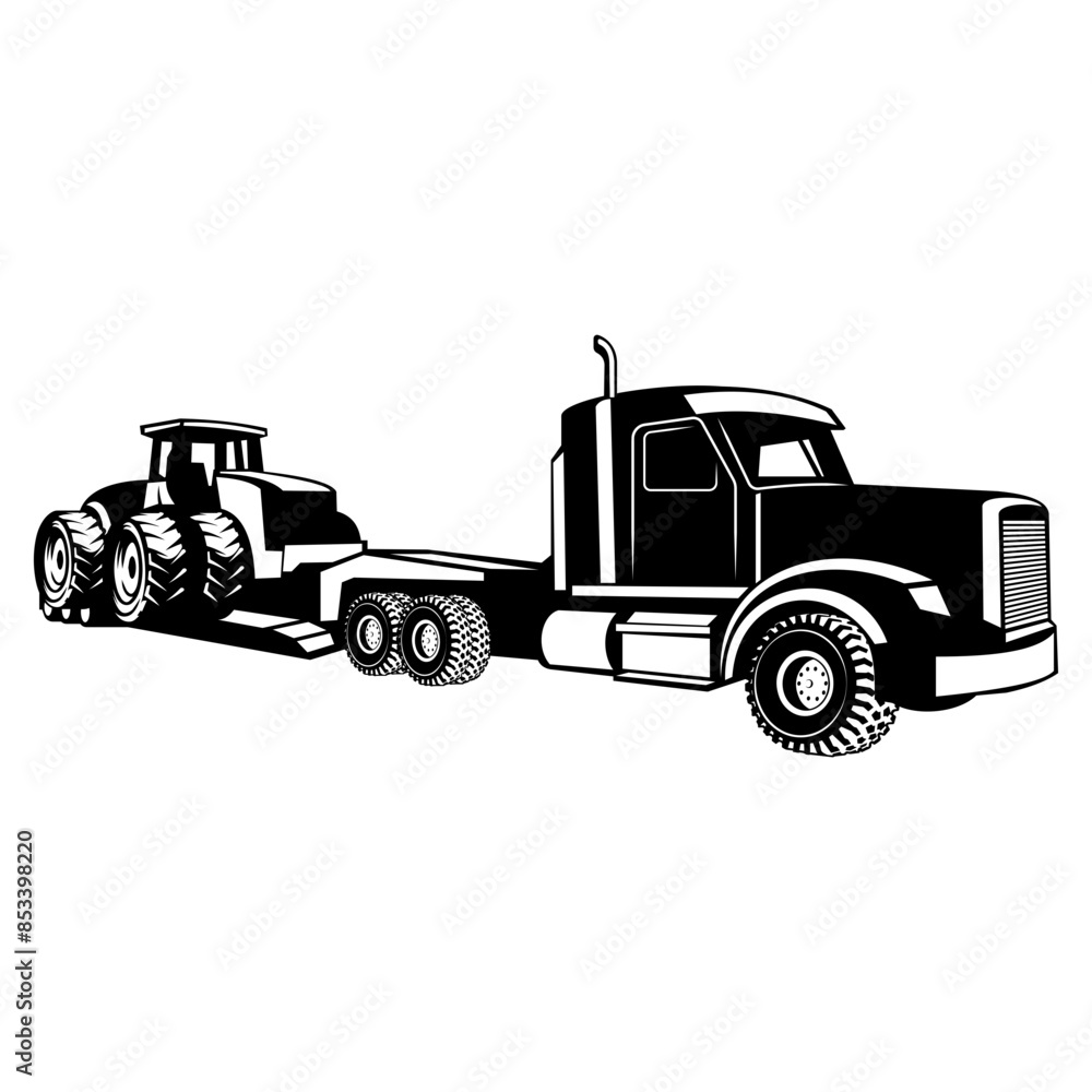 Lowboy Trailer Truck Hauling Tractor Lowboy Trailer Truck Hauling Tractor
