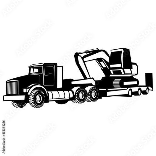 Lowboy Truck Hauling an Excavator