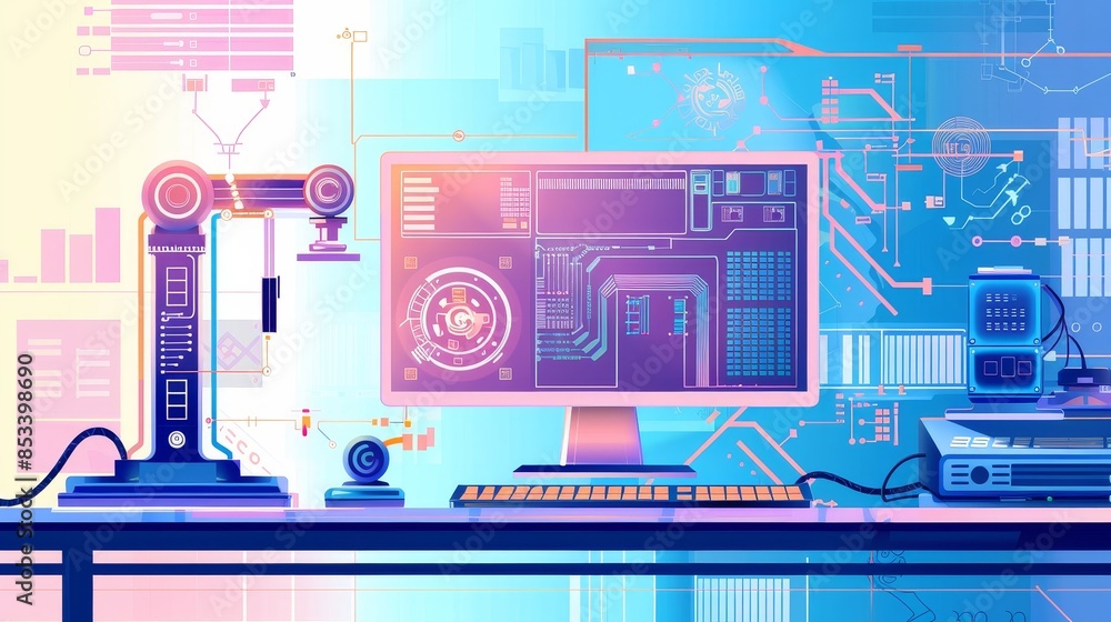 Illustration of a high-tech laboratory setup with detailed computer systems and mechanical equipment, emphasizing technological innovation and advanced research.
