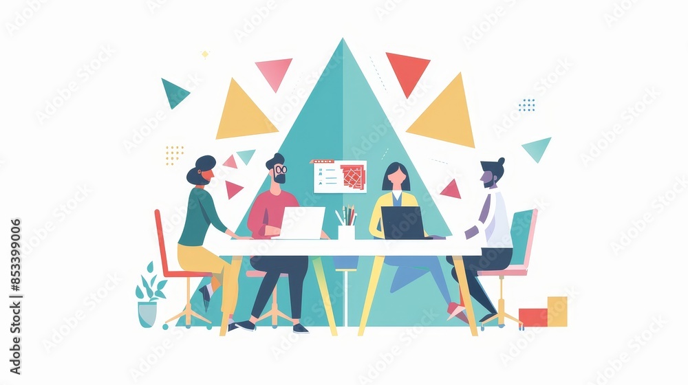 Illustration of a diverse team collaborating at a workspace, focusing on teamwork and creativity in a modern, abstract environment with geometric shapes and vibrant colors.