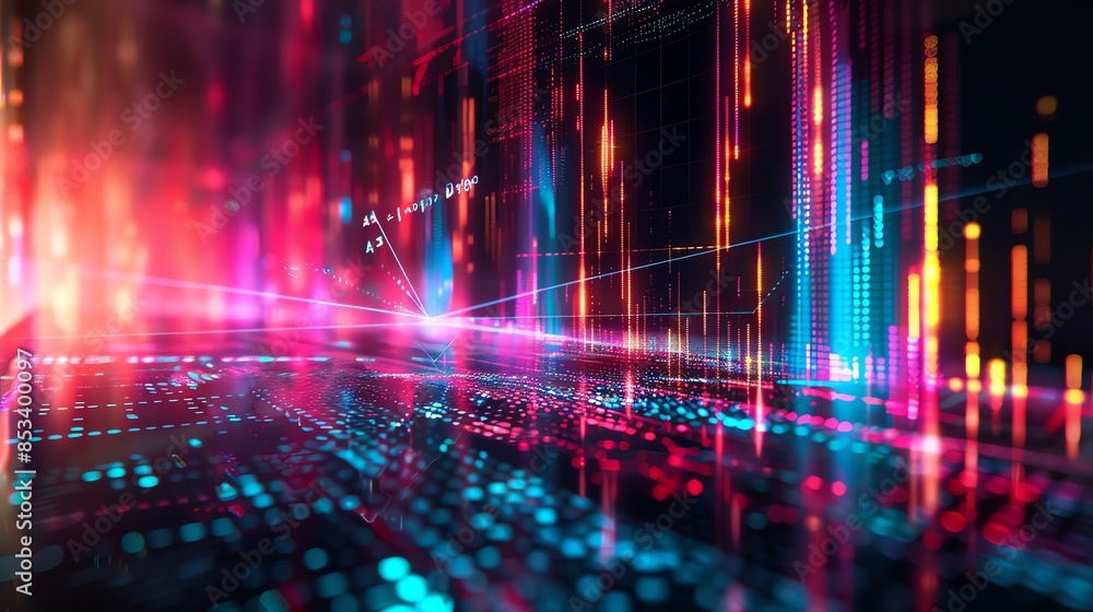 Abstract representation of stock market fluctuations using vibrant lines and arrows, set against a digital matrix backdrop Abstract representation of stock market fluctuations using vibrant lines and arrows, set against a digital matrix backdrop