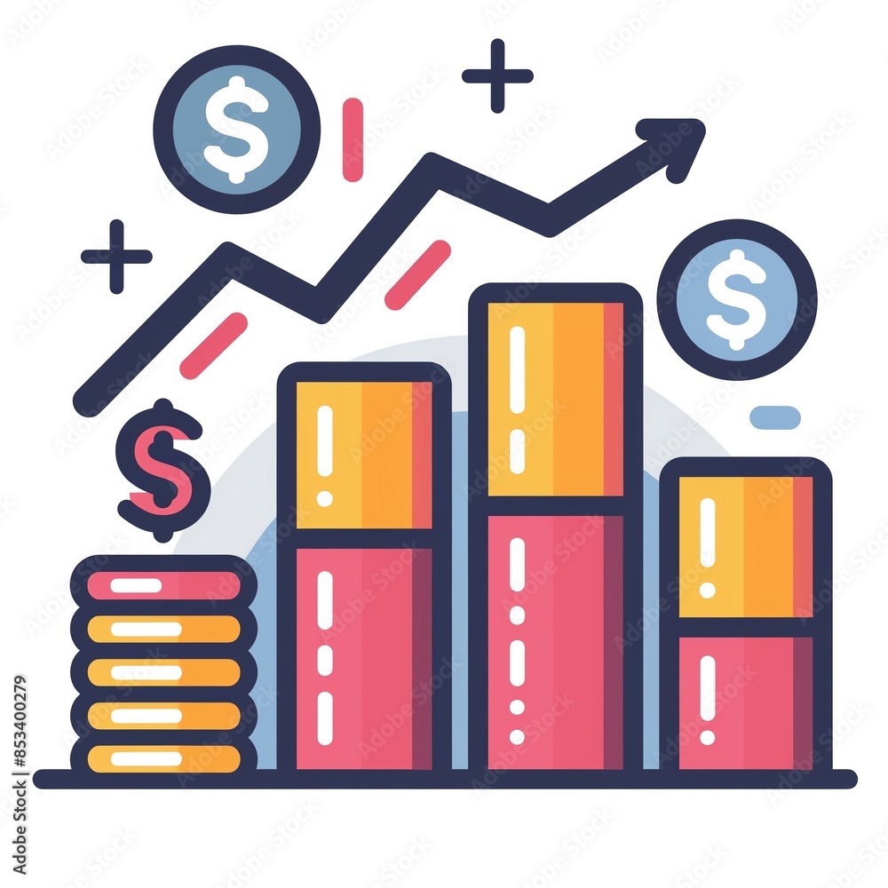 Clean, vector-style dividend icon with financial symbols and ascending graph, representing returns and income Clean, vector-style dividend icon with financial symbols and ascending graph, representing returns and income