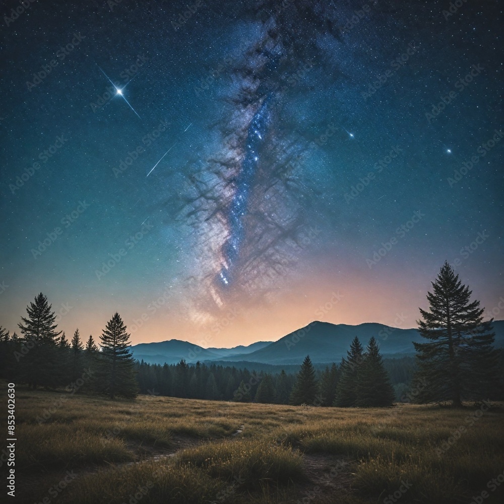 Fototapeta premium a picture of some trees and a starry sky with a star filled sky behind them