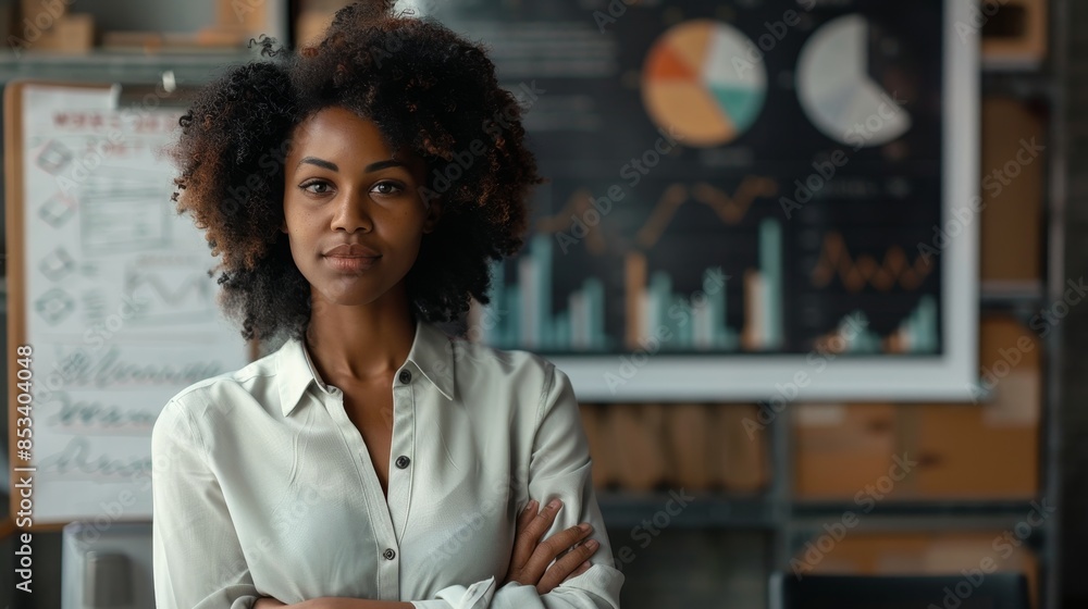 Fototapeta premium Empowered Black Female Executive Director Leading E-commerce Presentation with Data Analysis for Diverse Investors