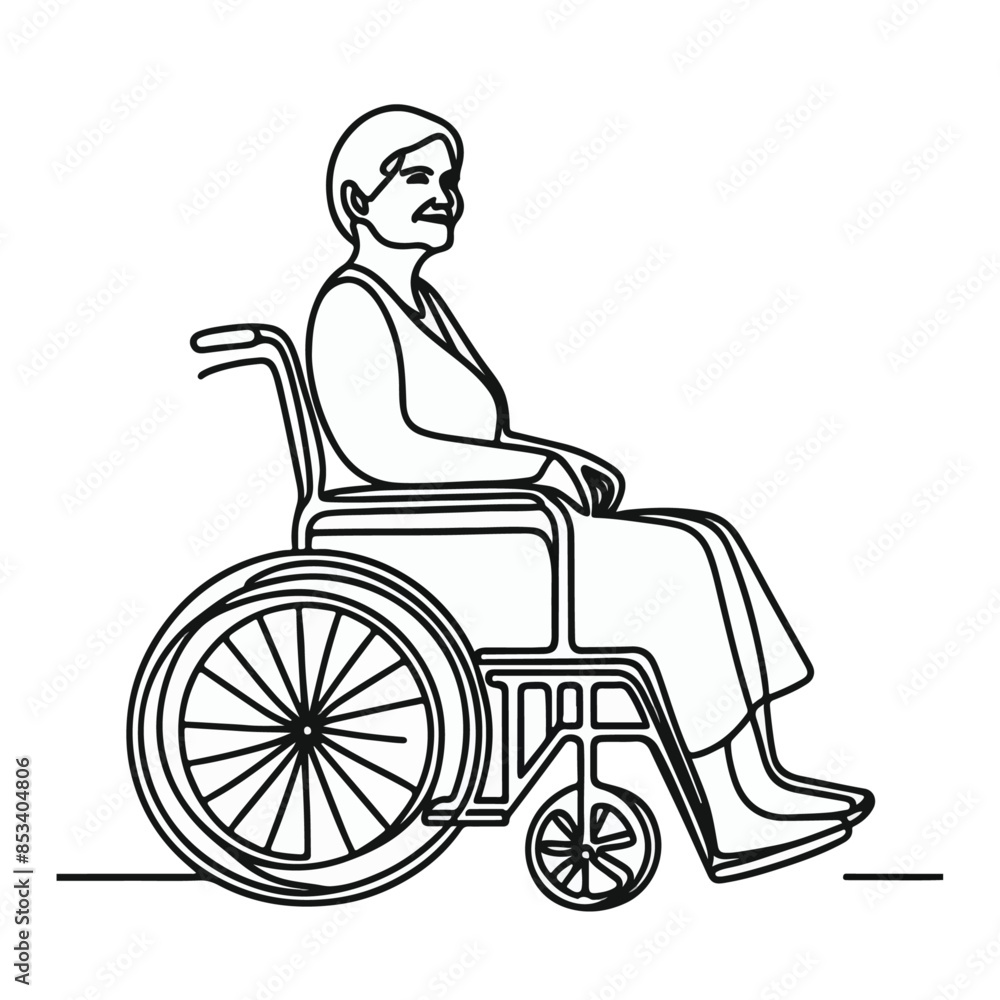 continuous single line drawing of old women in wheelchair, wheelchair line art, line art vector illustration continuous single line drawing of old women in wheelchair, wheelchair line art, line art vector illustration