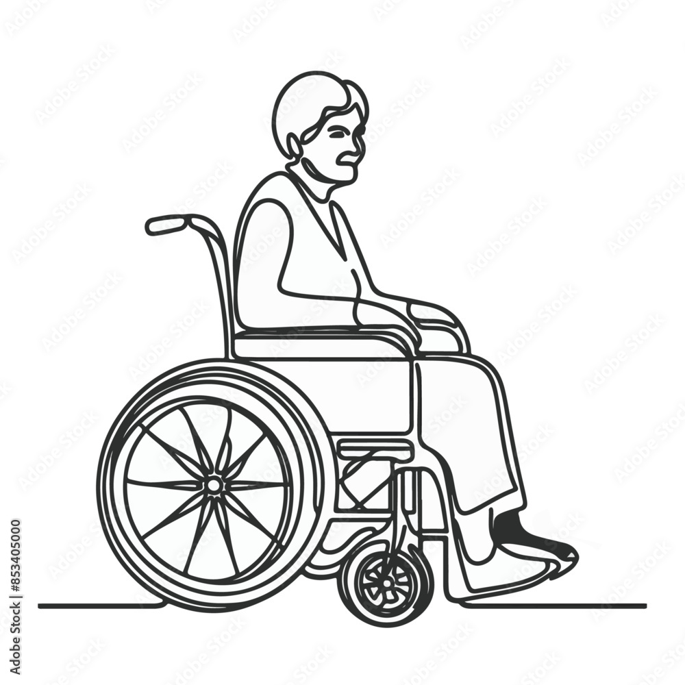 continuous single line drawing of old women in wheelchair, wheelchair line art, line art vector illustration continuous single line drawing of old women in wheelchair, wheelchair line art, line art vector illustration