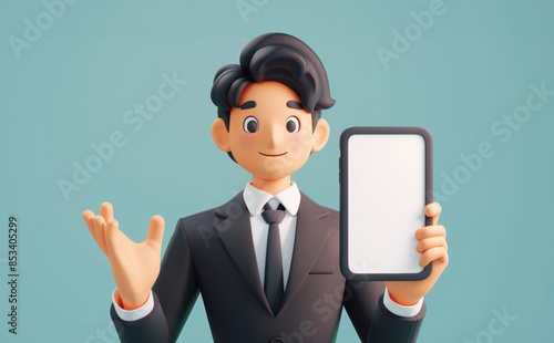 3D illustration of a businessman holding a blank smartphone in his hand. 