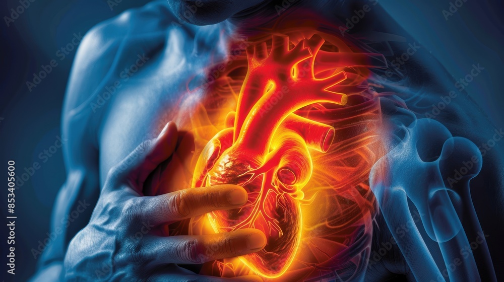 hand with a burning heart, a heart attack concept hand with a burning heart, a heart attack concept