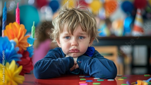 Sad boy with messy hair at a birthday party - A disheartened young boy sits at a table with colorful party decorations, his hair messy and expression downcast