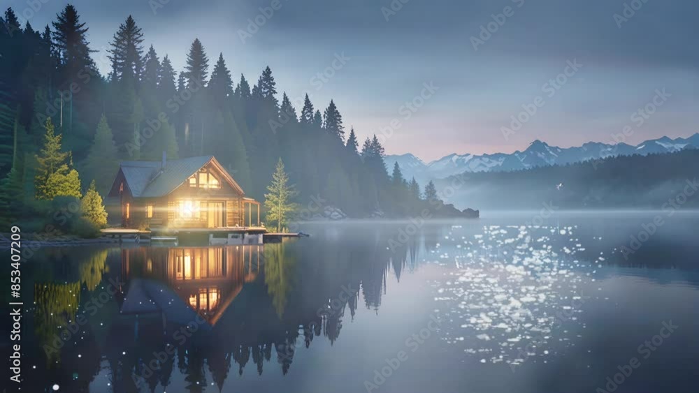 the view of the log cabin on the mountain backdrop is stunning. seamless looping time lapse virtual 4k video animation background. the view of the log cabin on the mountain backdrop is stunning. seamless looping time lapse virtual 4k video animation background.