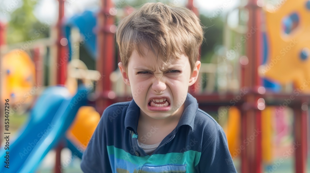 Boy frowning in displeasure outdoors - A young boy grimaces in apparent displeasure, his unhappy expression captured in an outdoor setting Boy frowning in displeasure outdoors - A young boy grimaces in apparent displeasure, his unhappy expression captured in an outdoor setting