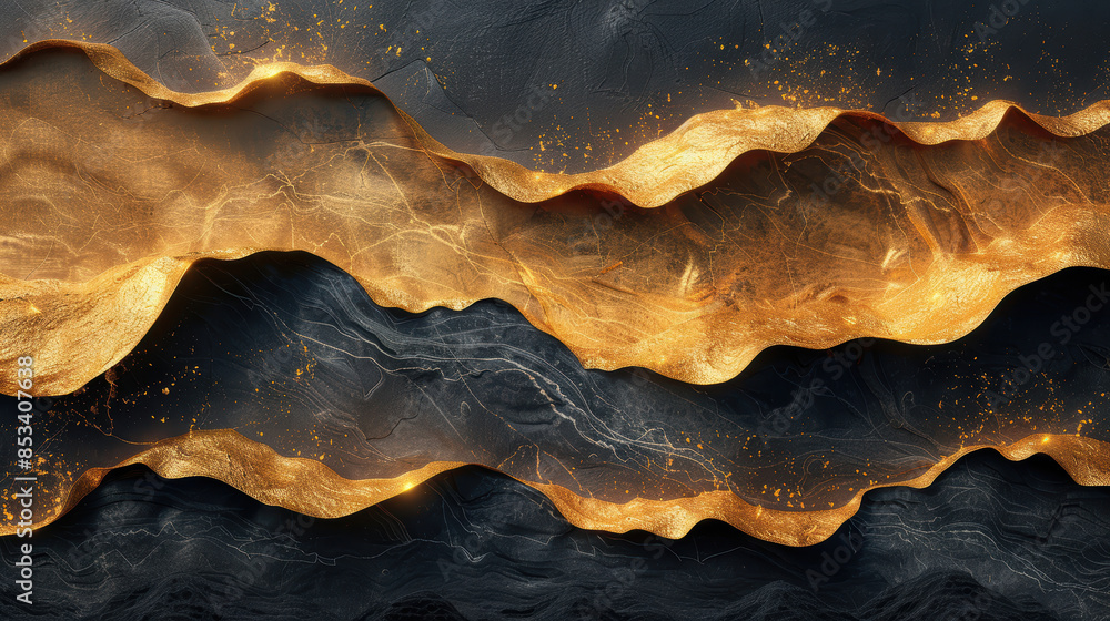 Obraz premium a dark, abstract landscape with molten gold flowing through it. 