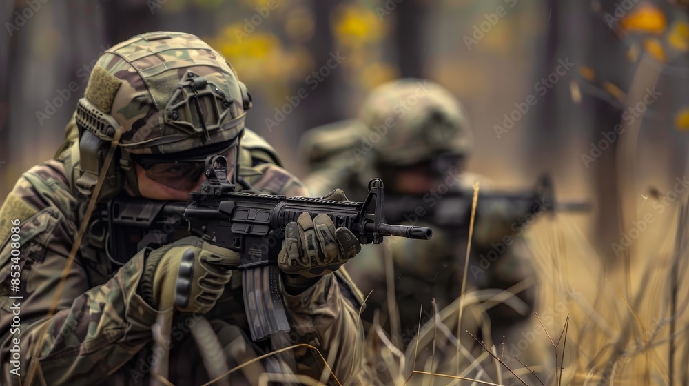 Fototapeta premium Surprise ambush preparation front view highlighting readiness for sudden engagements advanced tone Splitcomplementary color scheme