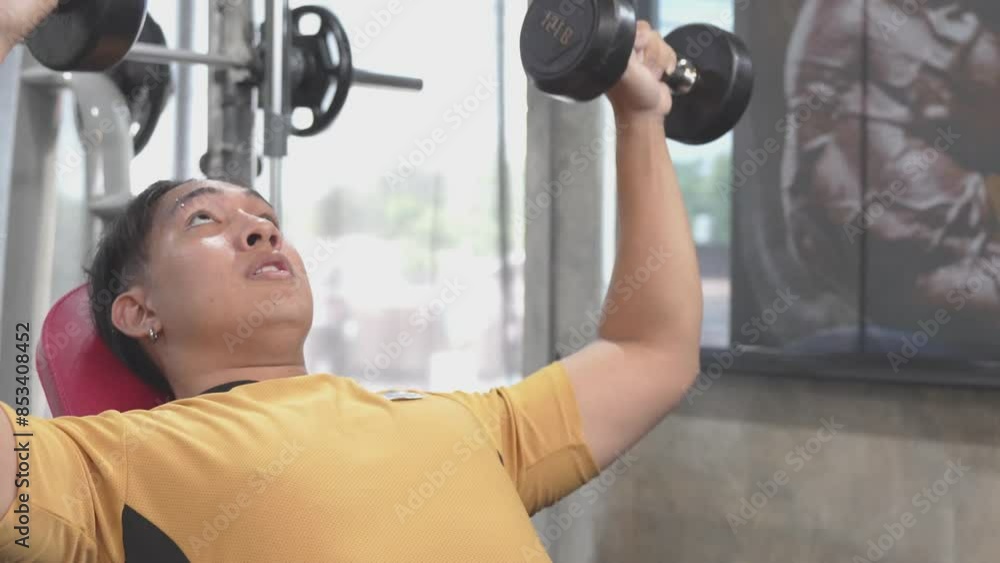 An Asian man in a yellow shirt is lifting a dumbbell while sitting on a bench at the gym, focusing on his workout routine An Asian man in a yellow shirt is lifting a dumbbell while sitting on a bench at the gym, focusing on his workout routine
